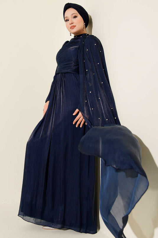Navy Blue Off the Shoulder Cape Stoned Evening Dress