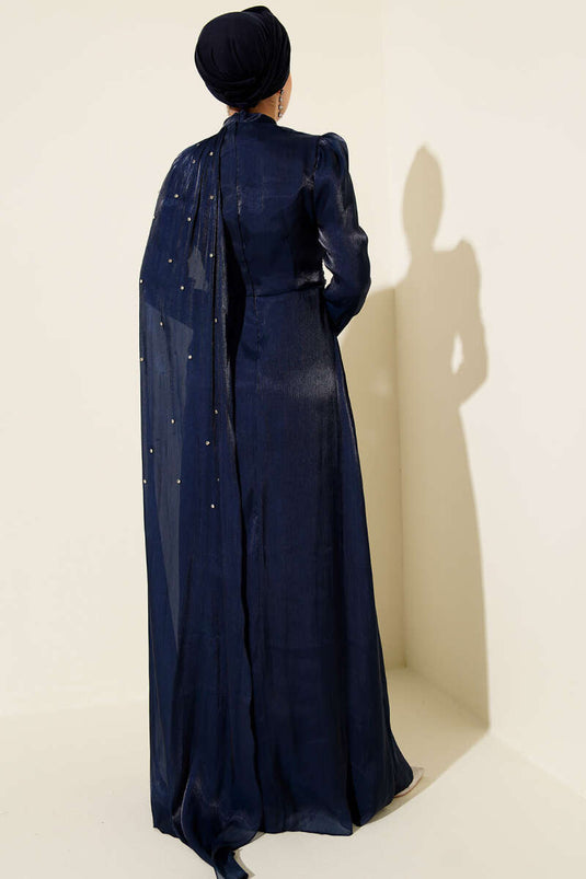 Navy Blue Off the Shoulder Cape Stoned Evening Dress