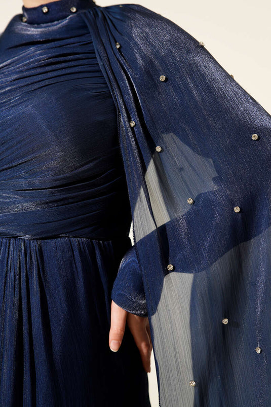 Navy Blue Off the Shoulder Cape Stoned Evening Dress