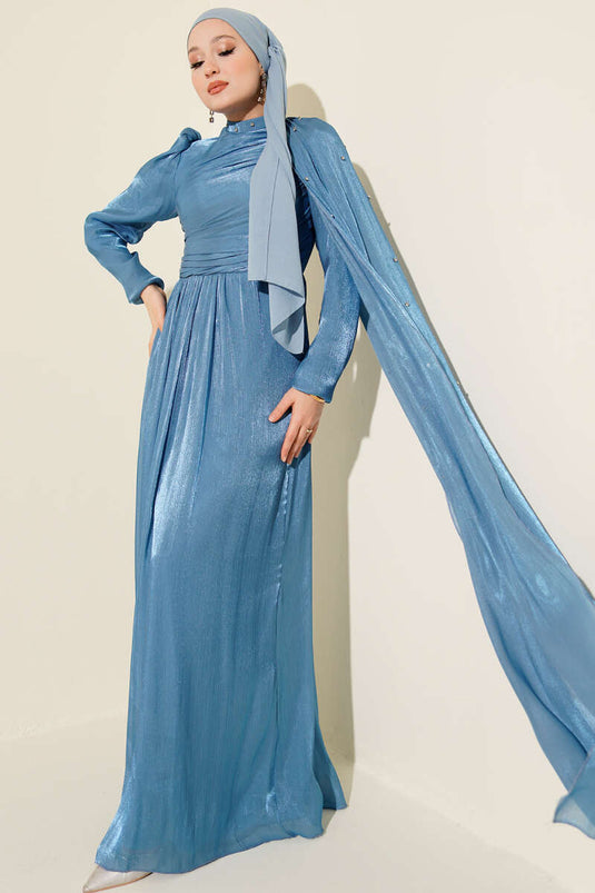 Off the Shoulder Cape Stoned Evening Dress Blue