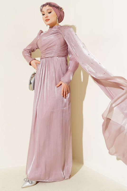 Off the Shoulder Cape Stoned Evening Dress Powder