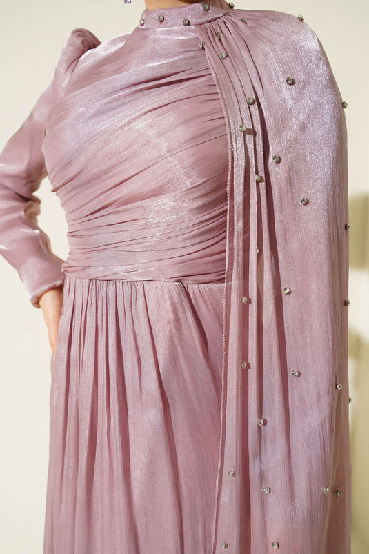 Off the Shoulder Cape Stoned Evening Dress Powder