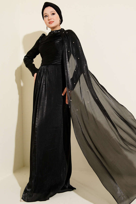 Black Evening Dress with Shoulder Cape and Rhinestones