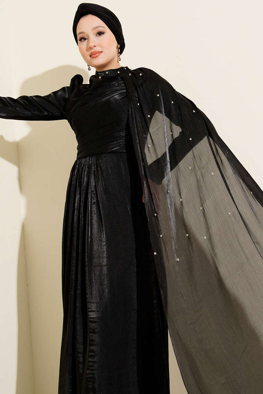 Black Evening Dress with Shoulder Cape and Rhinestones