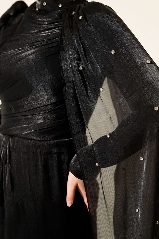 Black Evening Dress with Shoulder Cape and Rhinestones