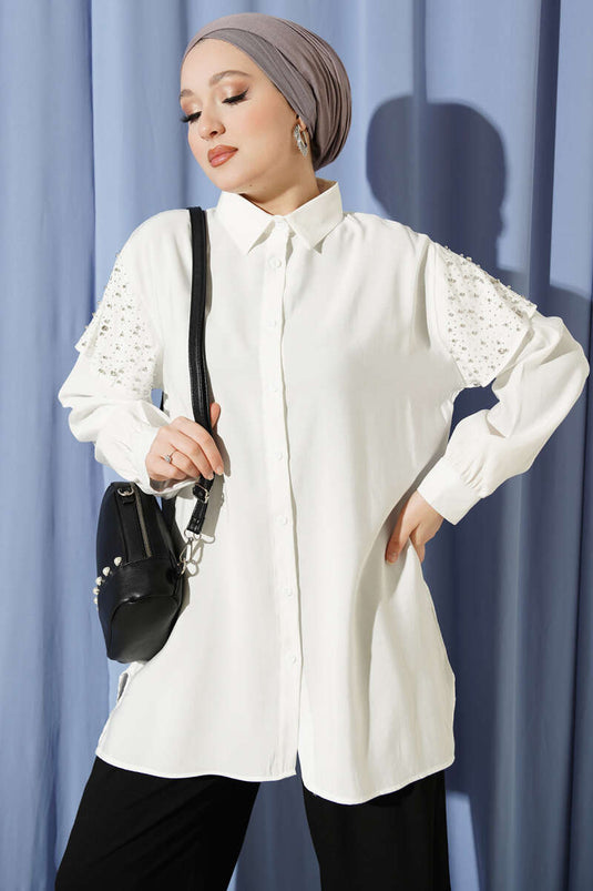 Shoulder Cape with Stones Tencel Shirt Ecru