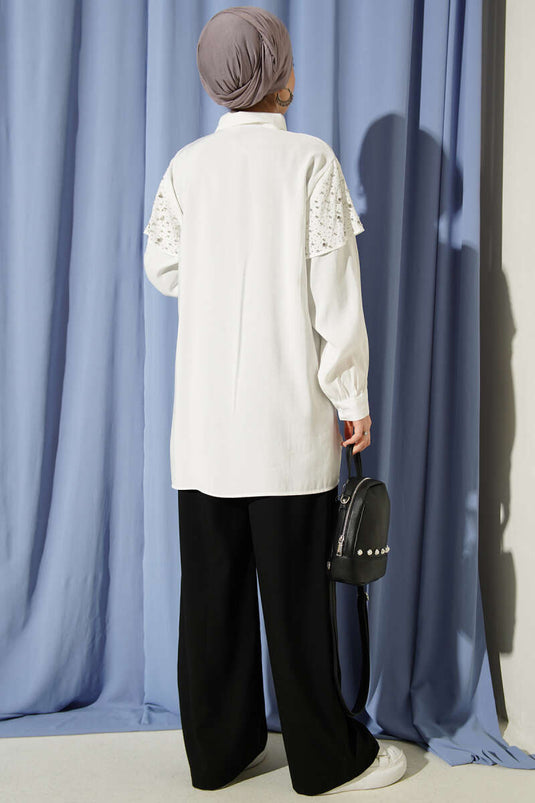 Shoulder Cape with Stones Tencel Shirt Ecru