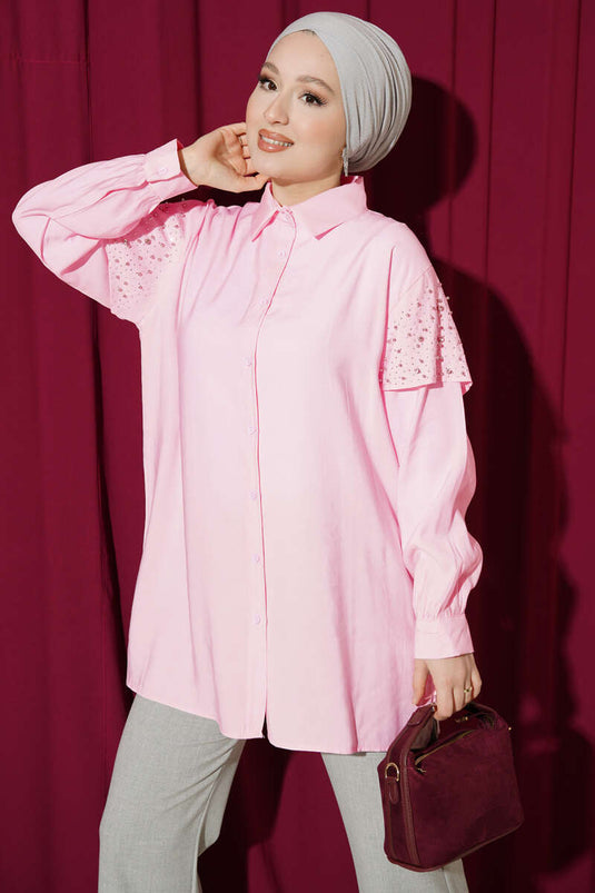 Schultercape mit Steinen verzierte Tensel-Bluse Rosa