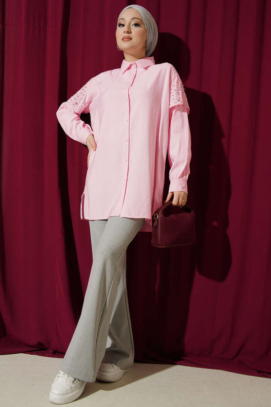 Schultercape mit Steinen verzierte Tensel-Bluse Rosa