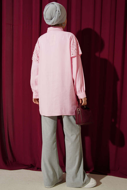 Schultercape mit Steinen verzierte Tensel-Bluse Rosa