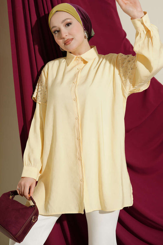 Schultercape mit Steinen verzierte Tensel-Bluse Gelb