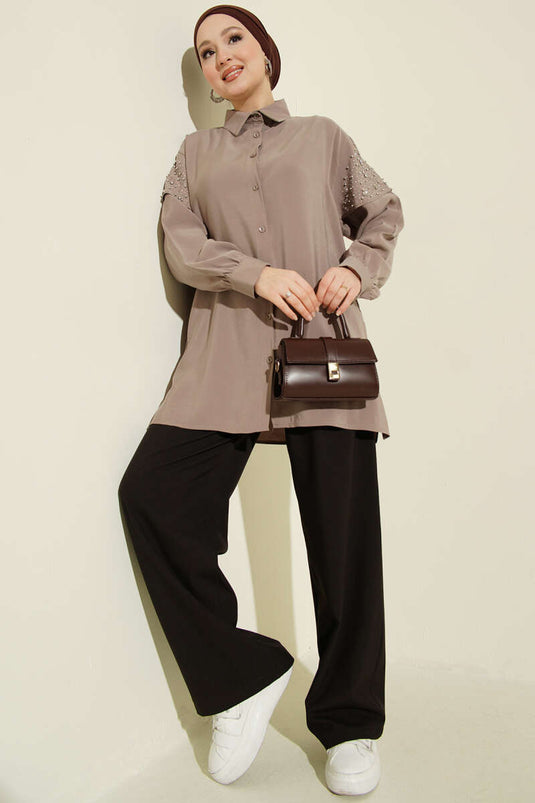 Schultercape mit Steinen verzierte Tensel-Bluse in Vizon