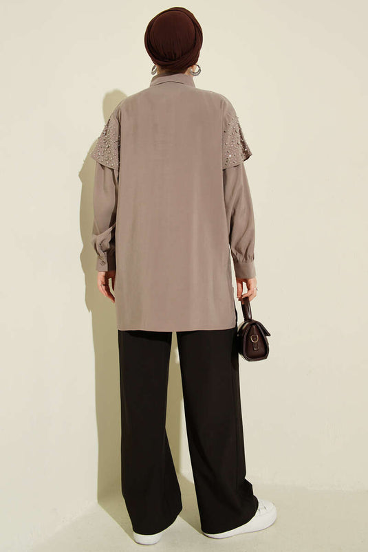 Schultercape mit Steinen verzierte Tensel-Bluse in Vizon