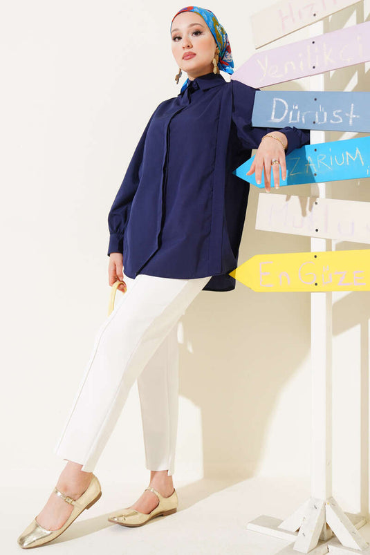 Shoulder Pleat Detailed Shirt Navy Blue