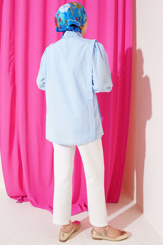 Omuz Pile Detaylı Gömlek Mavi