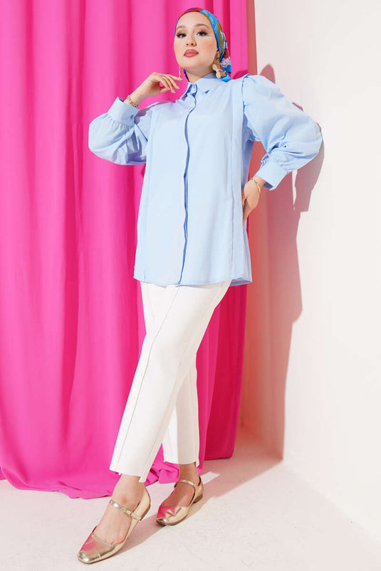 Omuz Pile Detaylı Gömlek Mavi
