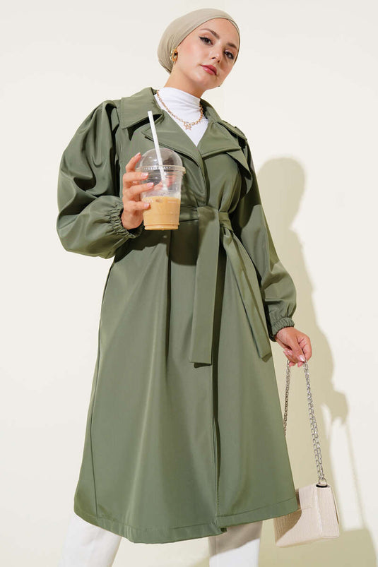 Shoulder Pleat Detailed Piece Trench Coat Khaki