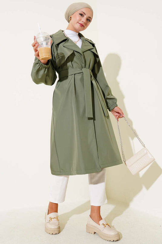 Shoulder Pleat Detailed Piece Trench Coat Khaki