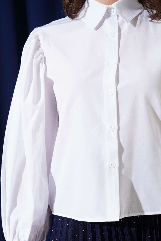 Shoulder Pleated Balloon Sleeve Short Shirt White