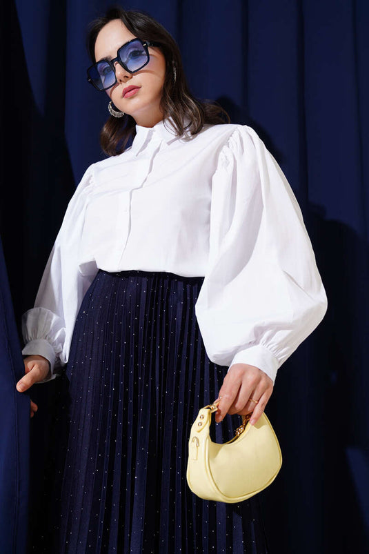 Shoulder Pleated Balloon Sleeve Short Shirt White