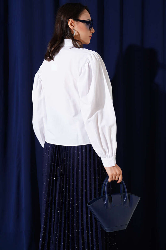 Shoulder Pleated Balloon Sleeve Short Shirt White