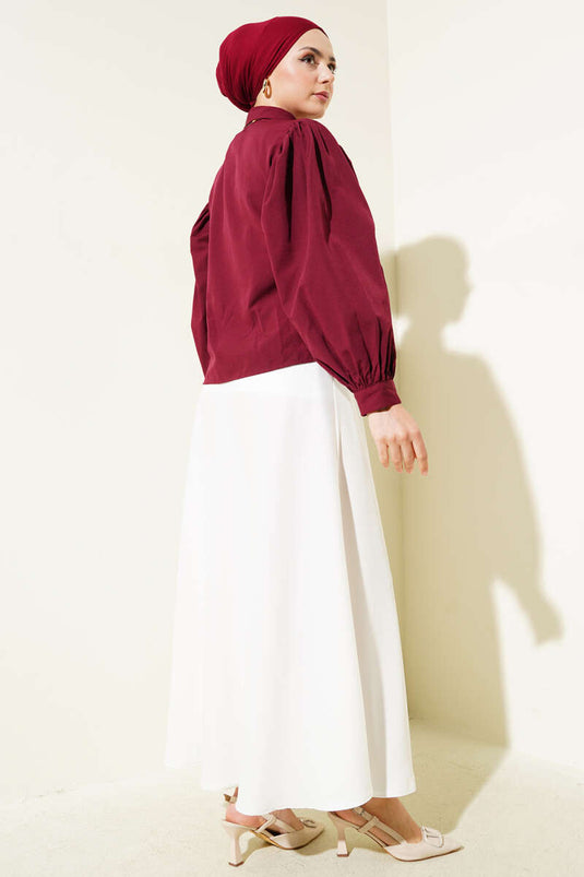 Shoulder Pleated Balloon Sleeve Short Shirt Claret Red