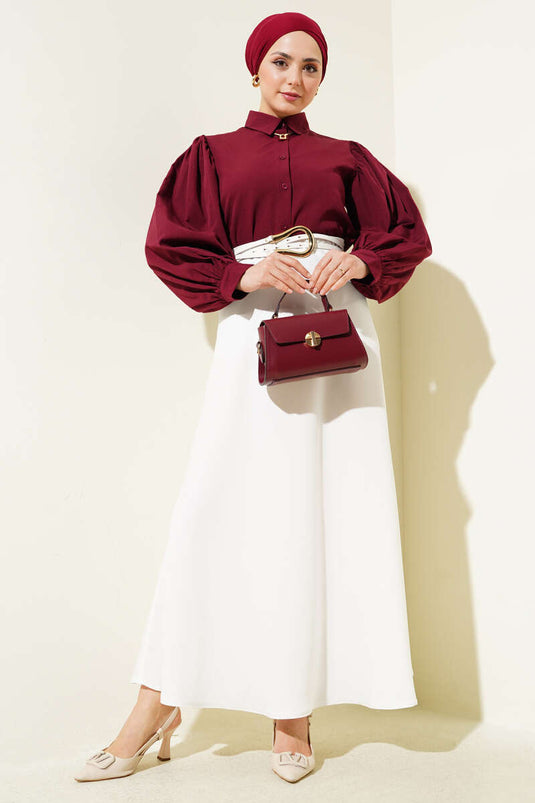 Shoulder Pleated Balloon Sleeve Short Shirt Claret Red