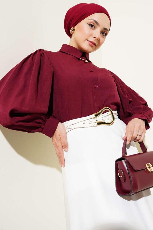 Shoulder Pleated Balloon Sleeve Short Shirt Claret Red