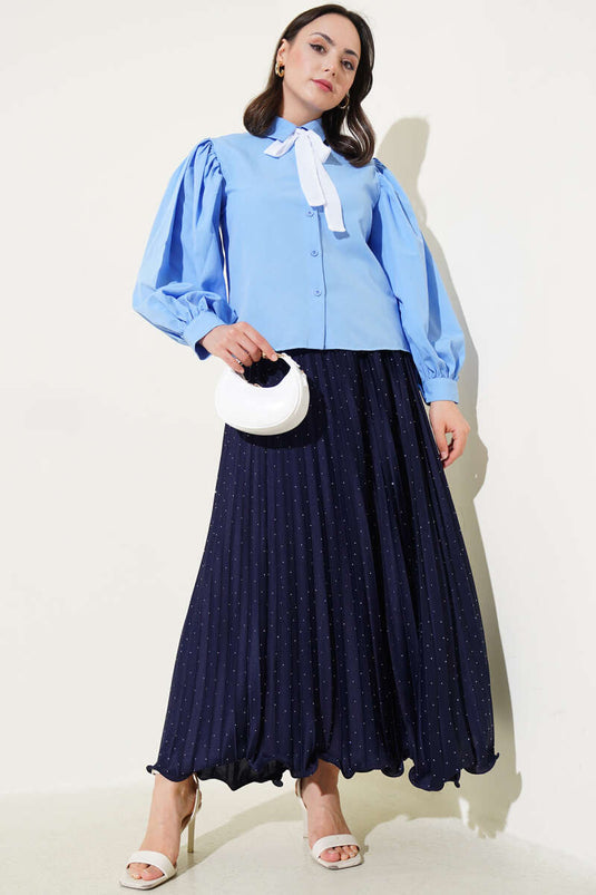Shoulder Pleated Balloon Sleeve Short Shirt Blue
