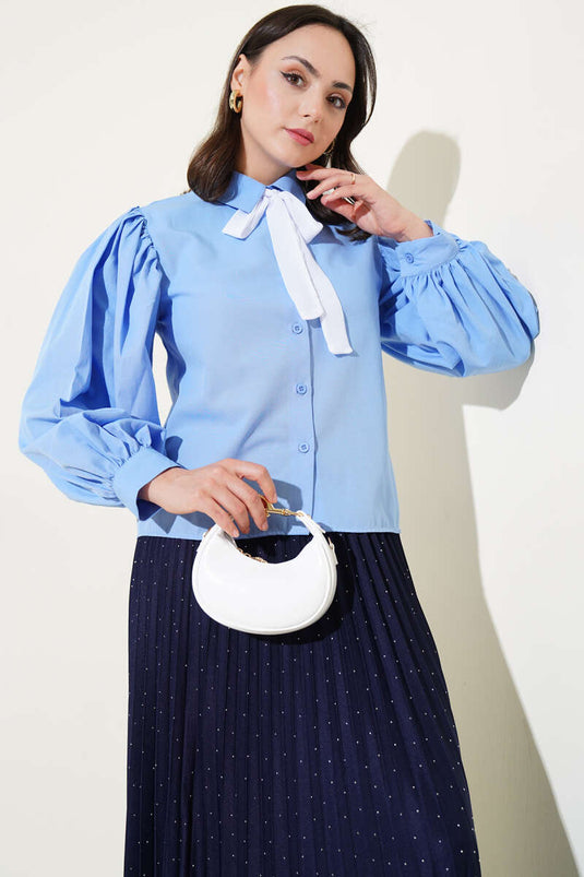 Shoulder Pleated Balloon Sleeve Short Shirt Blue