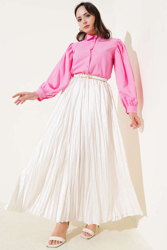 Chemise courte à manches ballon plissées aux épaules, rose