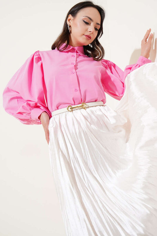 Chemise courte à manches ballon plissées aux épaules, rose