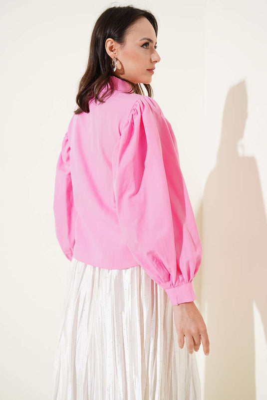 Chemise courte à manches ballon plissées aux épaules, rose