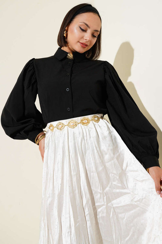 Shoulder Pleated Balloon Sleeve Short Shirt Black