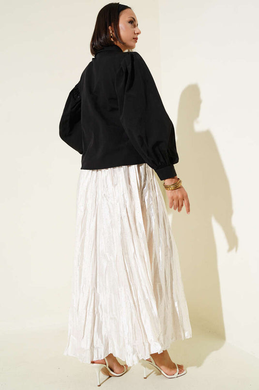 Shoulder Pleated Balloon Sleeve Short Shirt Black