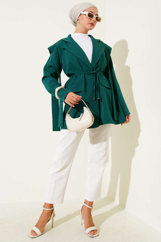 Shoulder Pleated Rope Tied Jacket Emerald