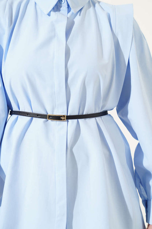 Shoulder Pleated Belted Shirt Baby Blue