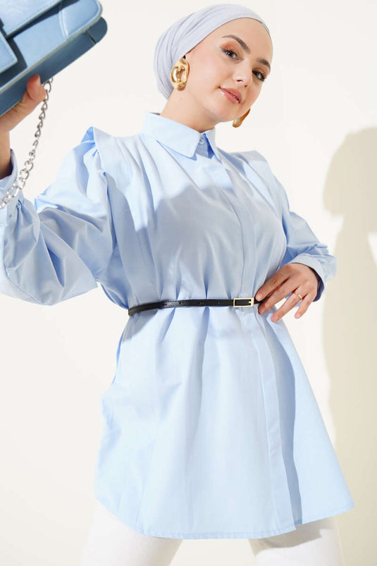 Shoulder Pleated Belted Shirt Baby Blue