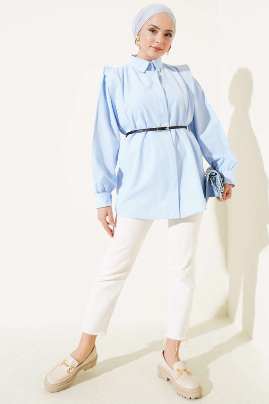 Shoulder Pleated Belted Shirt Baby Blue