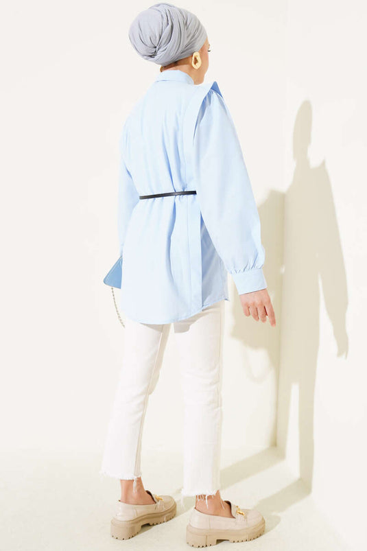 Shoulder Pleated Belted Shirt Baby Blue