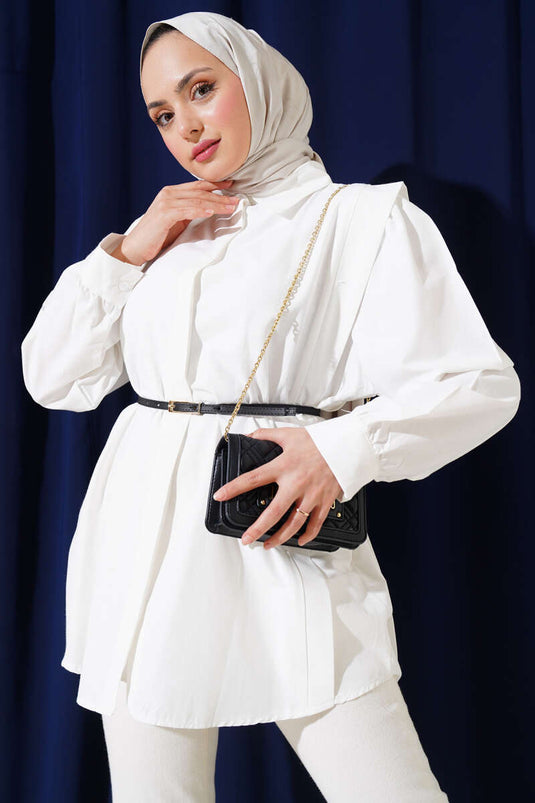 Chemise ceinturée à plis aux épaules écru