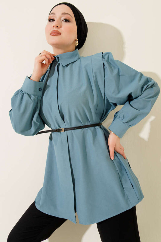 Shoulder Pleated Belted Shirt Indigo