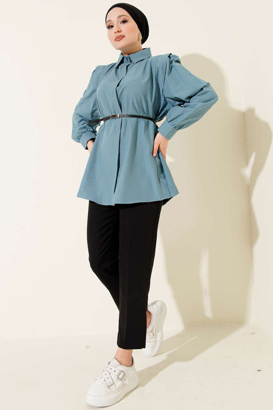 Shoulder Pleated Belted Shirt Indigo