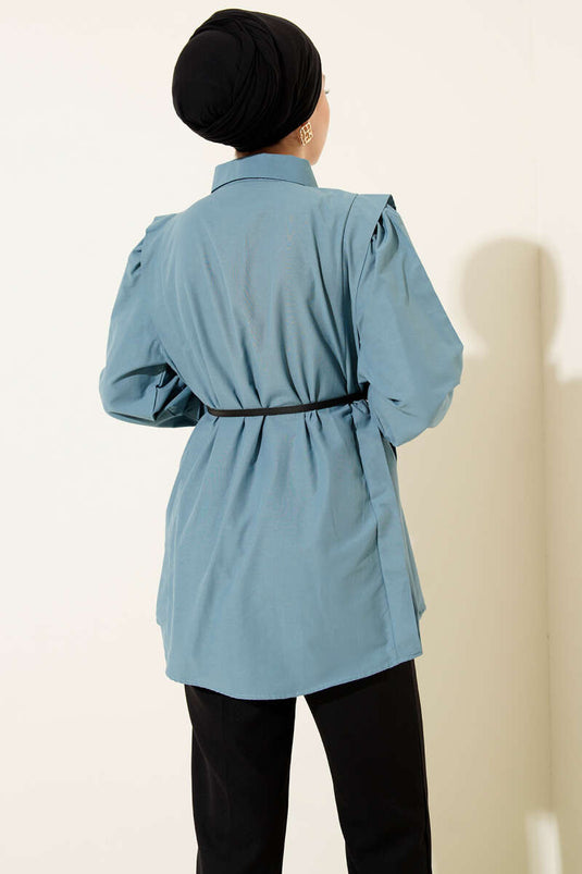 Shoulder Pleated Belted Shirt Indigo