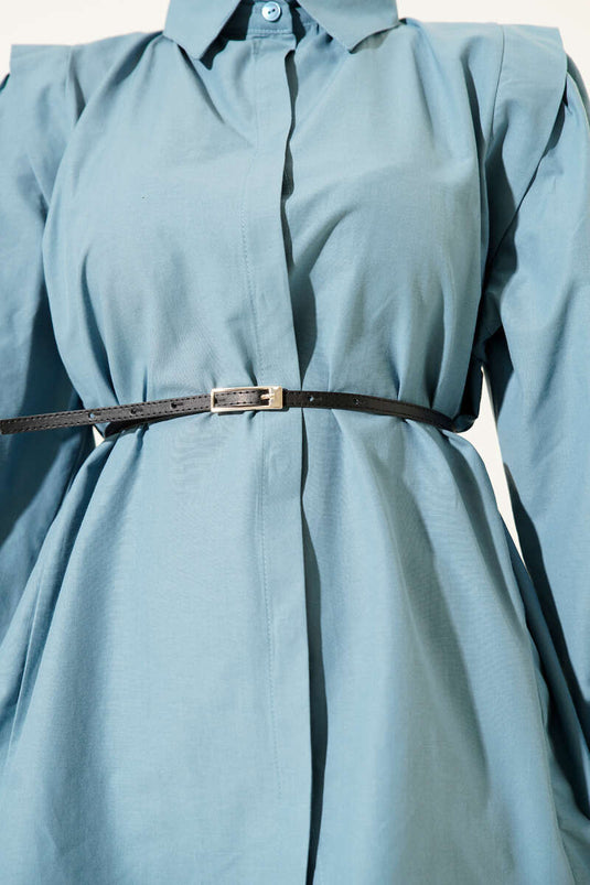 Shoulder Pleated Belted Shirt Indigo