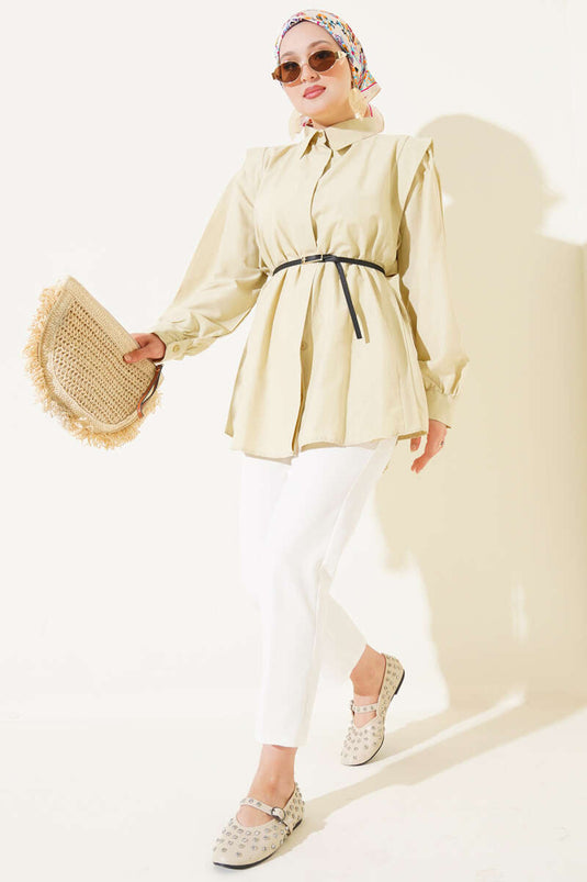 Chemise ceinturée à plis aux épaules, citron vert