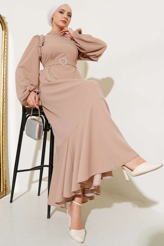 Robe Pierre Plissée Epaule Camel