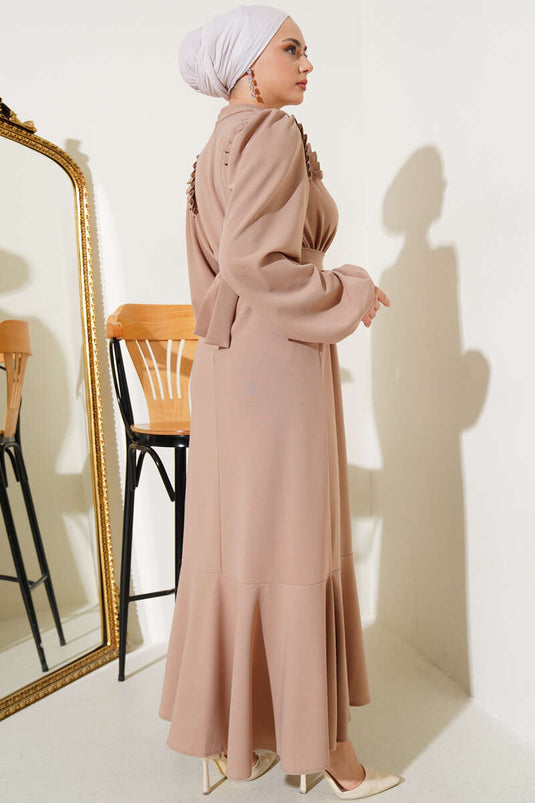 Robe Pierre Plissée Epaule Camel