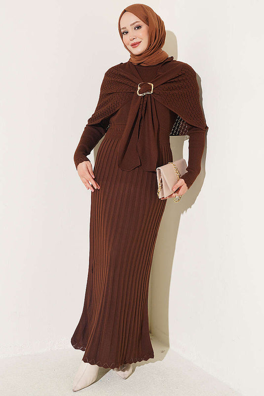 Brown Shoulder Shawl Detail Knit Dress