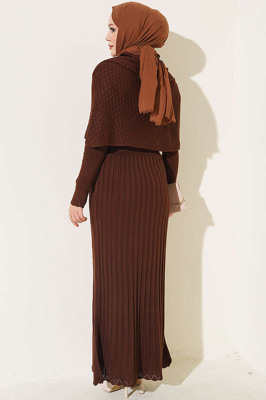 Brown Shoulder Shawl Detail Knit Dress